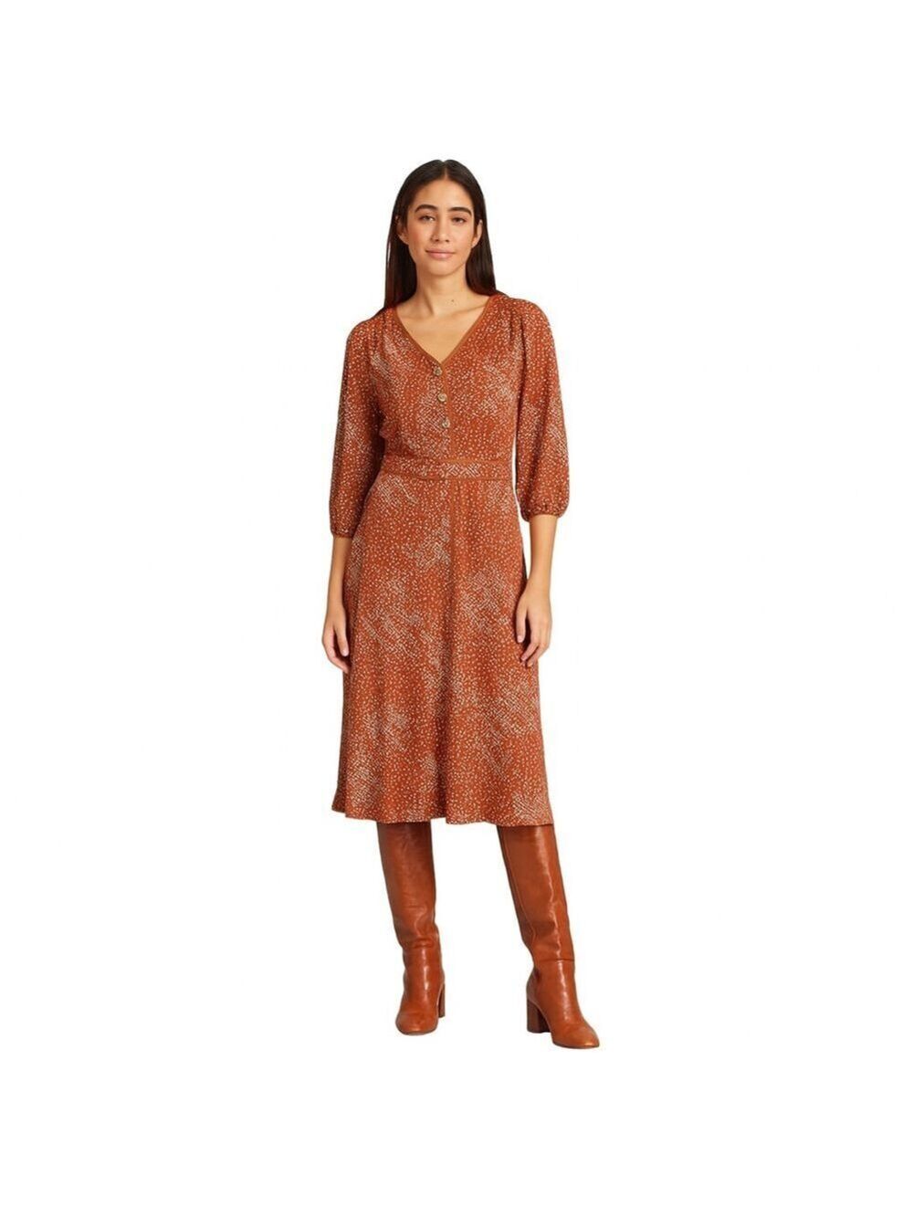 Monteau Rust Terracotta Red Brown Abstract Print Midi Dress, S/M Boho Retro Fall